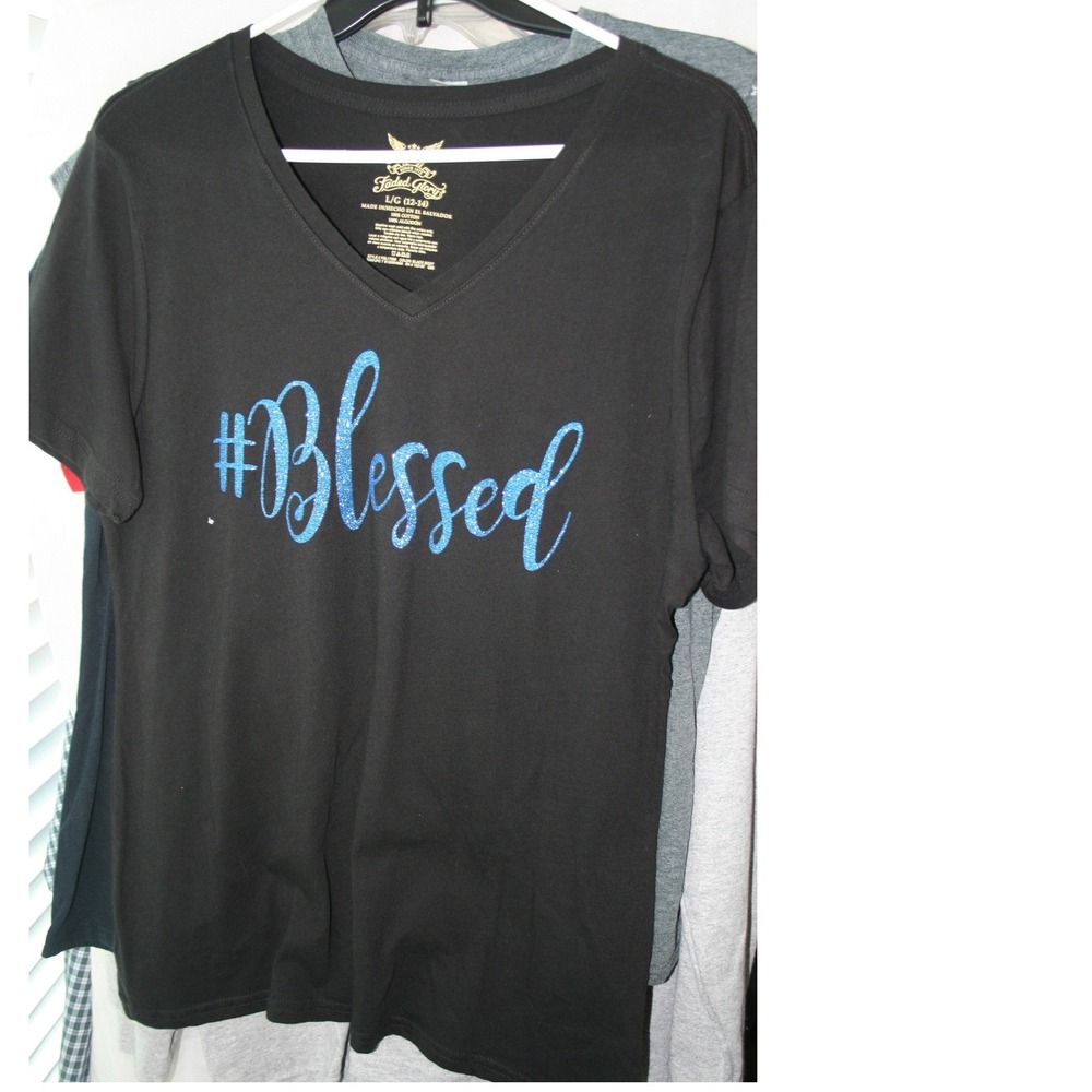 Faded Glory Womens Blessed Graphic Tee Black Blue Glitter V-Neck Shirt L 12-14